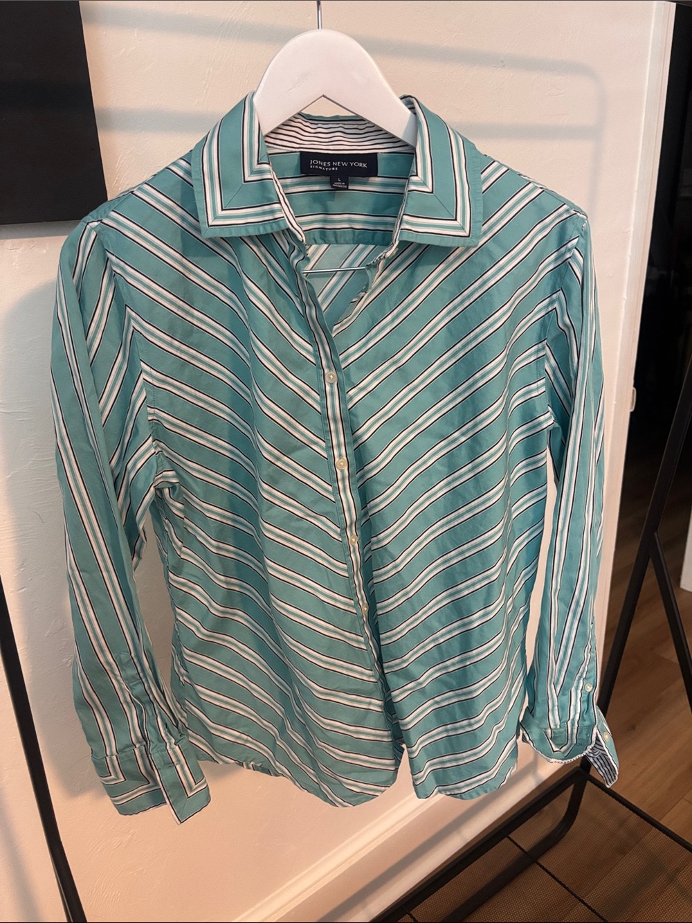 Jones New York Teal and White Striped 100% Cotton Button-Down Shirt